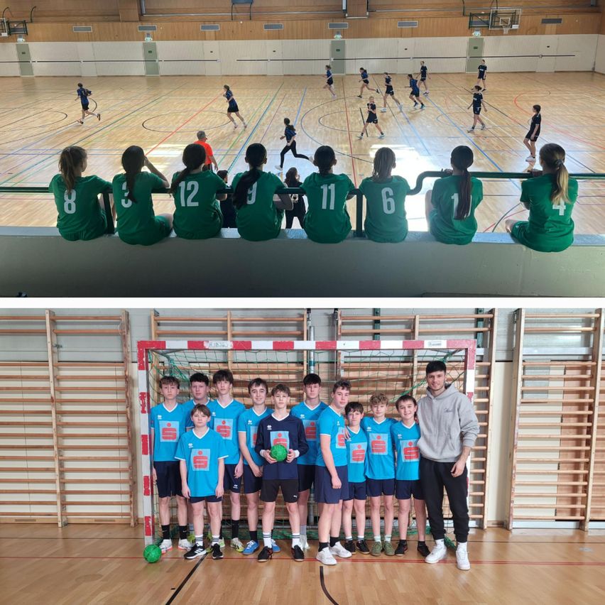 Zwei Fotos einer Sportmannschaft. Oben: Weibliche Spieler sitzen auf einer Bank und beobachten andere. Unten: Männliche Spieler stehen vor einem Tor.