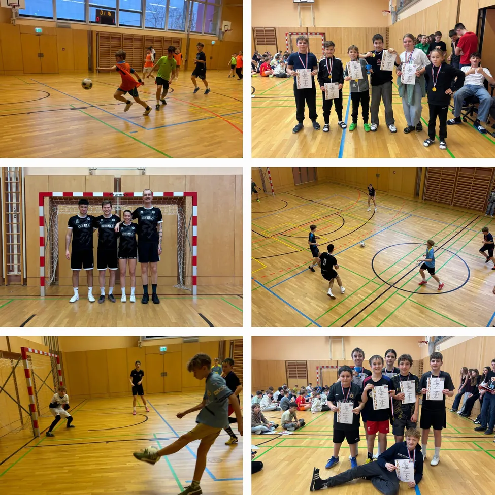 Vier Fotos zeigen verschiedene Szenen einer Sportveranstaltung. Ein Foto zeigt einen Spieler, der einen Ball tritt, ein anderes zeigt eine Gruppe von Spielern, die Medaillen halten. Ein weiteres Foto zeigt einen Torwart vor einem Tor. Das letzte Foto zeigt einen Spieler in Aktion.