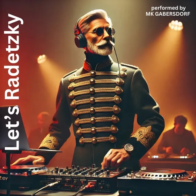 Ein Mann in Uniform steht als DJ bei einer Veranstaltung. Er trägt Kopfhörer und ein Mikrofon. Die Worte 'Let's Radetzky' befinden sich auf der linken Seite des Bildes. Hinter ihm stehen zwei Plattenspieler und ein Laptop. Im Hintergrund sind zwei Personen zu sehen, von denen eine verschwommen ist.