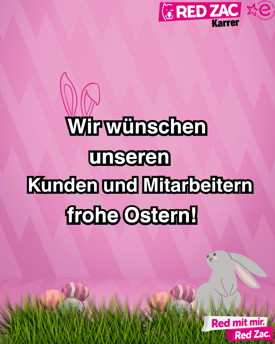 A pink background with zigzag lines features a bunny illustration and a message in bold black text wishing customers and employees a happy Easter. Easter eggs are scattered on the grass.
