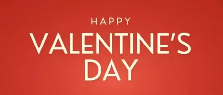 Ein Valentinstags-Feier mit rotem Hintergrund, der Herz-Designs und den Text 'Happy Valentine's Day' aufweist. Die Einladung bietet die Wahl zwischen A la carte oder einem Set-Menü für zwei Personen und schlägt vor, das Lieblingsessen für den gesamten Februar zu buchen.