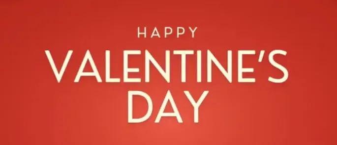 Ein Valentinstags-Feier mit rotem Hintergrund, der Herz-Designs und den Text 'Happy Valentine's Day' aufweist. Die Einladung bietet die Wahl zwischen A la carte oder einem Set-Menü für zwei Personen und schlägt vor, das Lieblingsessen für den gesamten Februar zu buchen.