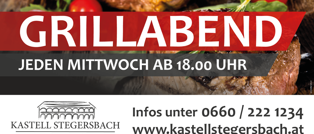 Werbung für ein Restaurant mit gegrilltem Fleisch, Tomaten und Kräutern. Es zeigt Öffnungszeiten ab Mittwoch um 18 Uhr und bietet Kontaktinformationen.