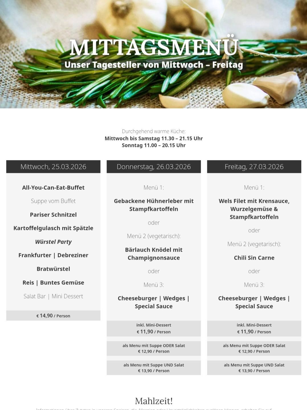 Menüoptionen für Mittwoch, 25.03.2026, Donnerstag, 26.03.2026 und Freitag, 27.03.2026. Menü 1: Suppe vom Buffet, Menü 2: Kalbsfilet mit Krennsauce und Menü 3: Cheeseburger mit Special Sauce. Preise: 14,90 € pro Person.