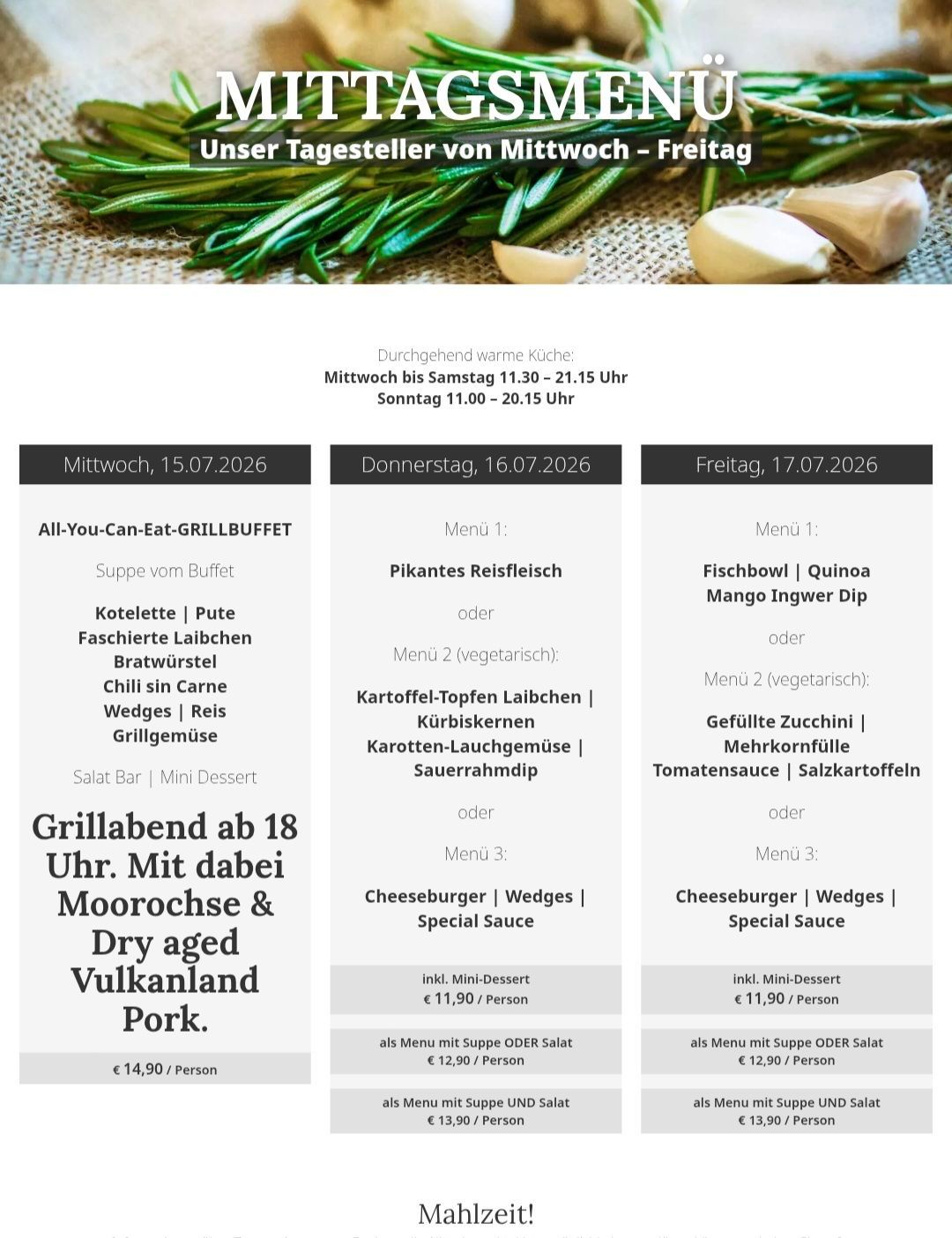Wöchentliche Speisekarte eines Restaurants von Mittwoch bis Freitag. Die Speisekarte umfasst Suppe, Fleisch, Gemüse und Dessert. Die Preise sind für jede Mahlzeit aufgeführt.