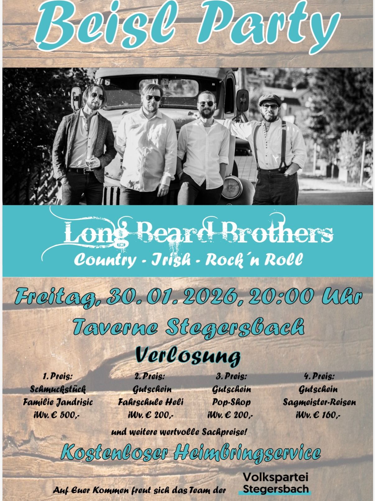Werbeplakat für die Long Beard Brothers, eine Country-, Irish- und Rock 'n' Roll-Band. Veranstaltung am 30. Januar 2026, 20:00 Uhr. Preise umfassen ein Essen für zwei, einen Geschenkgutschein und mehr.