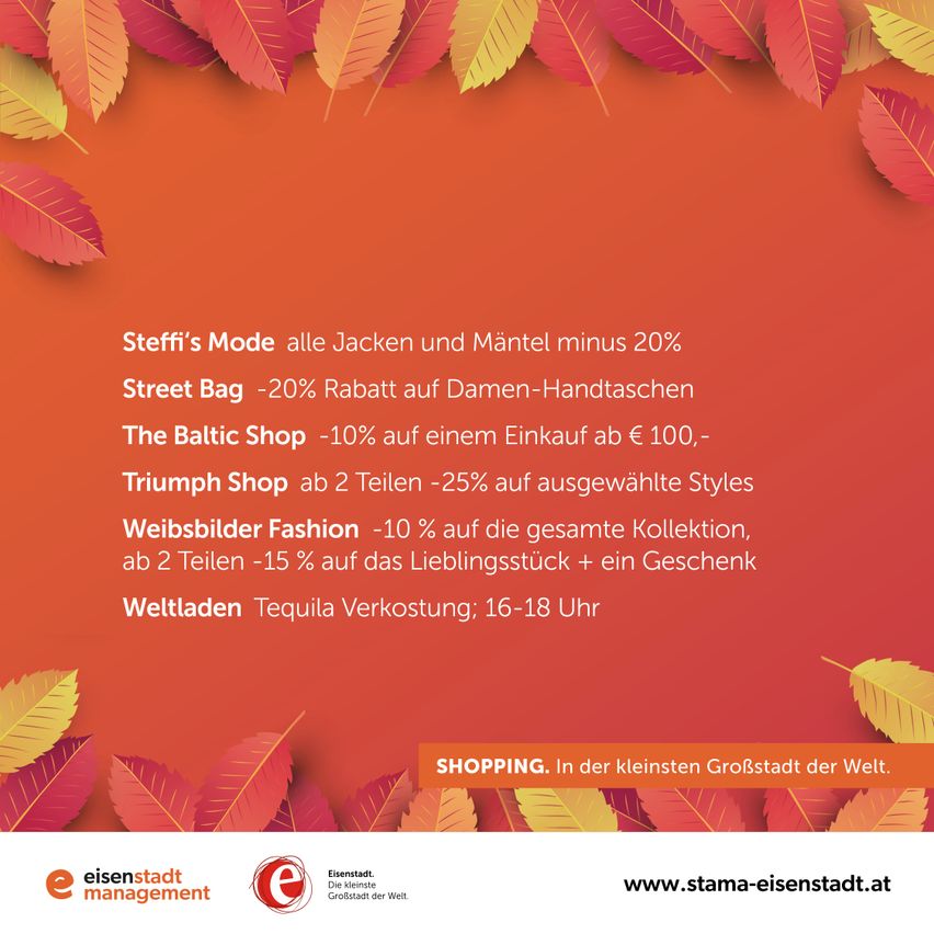 Eine Werbung für Einkaufsrabatte in verschiedenen Geschäften, darunter Steffi's Mode, Street Bag, The Baltic Shop, Triumph Shop und Weibilder Fashion. Angebote beinhalten 20% Rabatt auf Jacken und Mäntel, 20% Rabatt auf Damen-Handtaschen, 10% Rabatt auf Einkäufe ab 100 Euro, 25% Rabatt auf ausgewählte Artikel in zwei Teilen und 10% Rabatt auf die gesamte Kollektion.