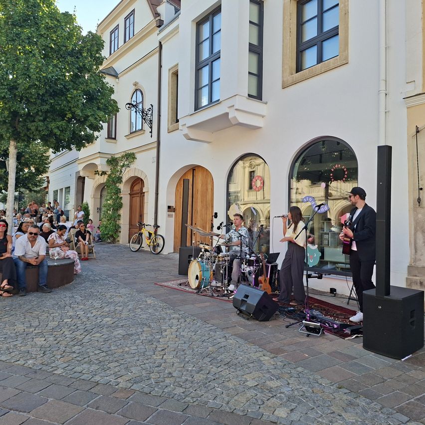 Eine Band spielt auf einer Kopfsteinpflasterstraße vor einem Gebäude, während eine Menge zuschaut.