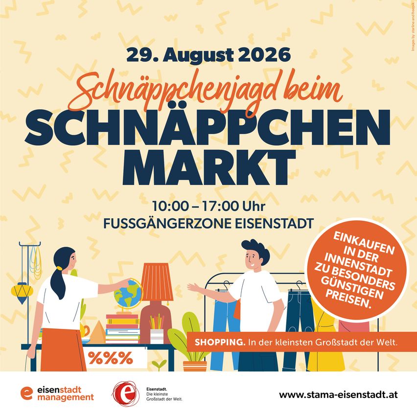 Poster for Schnäppchenmarkt on August 29, 2026, featuring a man and woman shopping with special prices in Eisenstadt.
