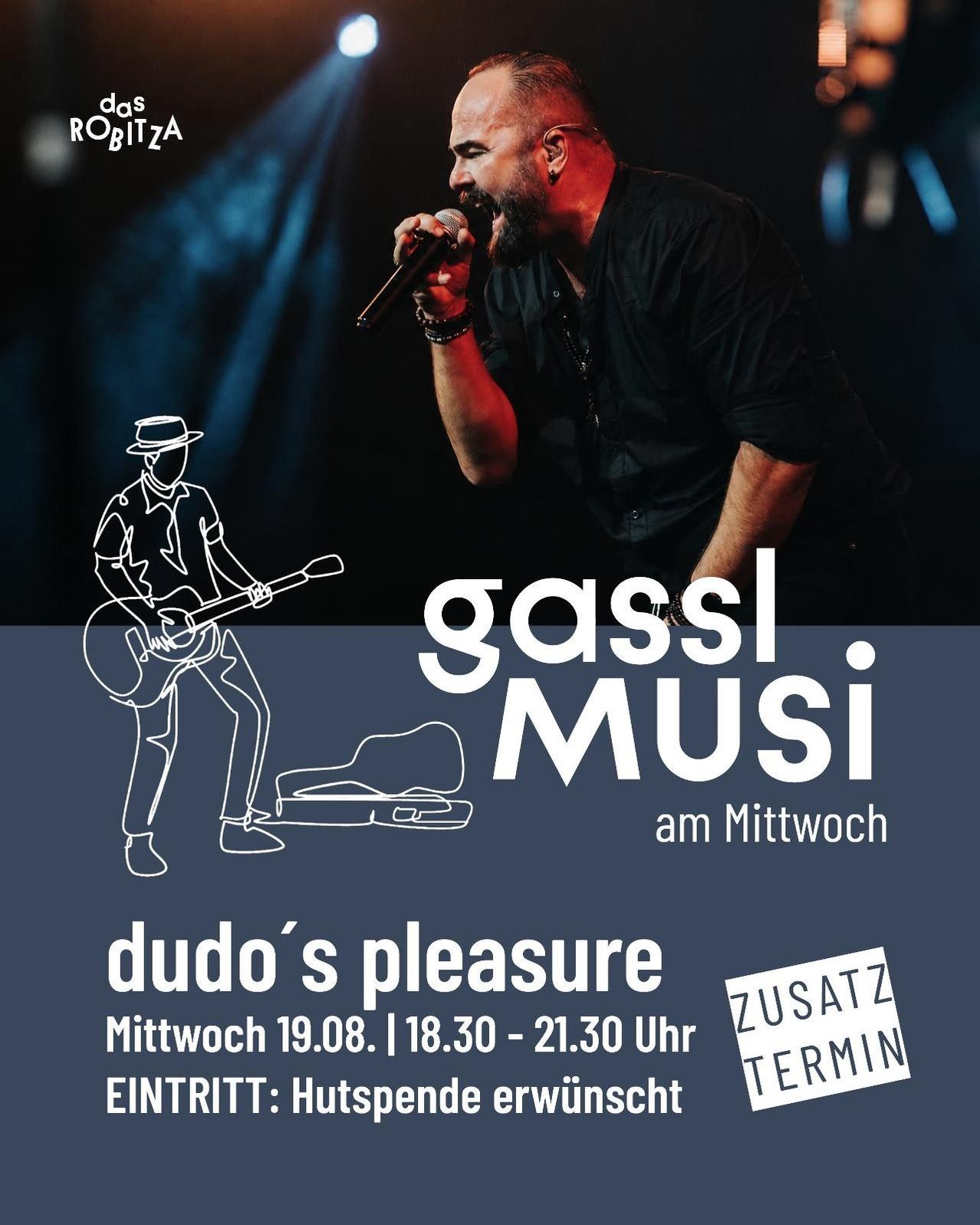 A poster for 'Gassi Musi' featuring a man singing into a microphone and a guitarist. The event is on Wednesday, August 19th, from 6:30 PM to 9:30 PM.