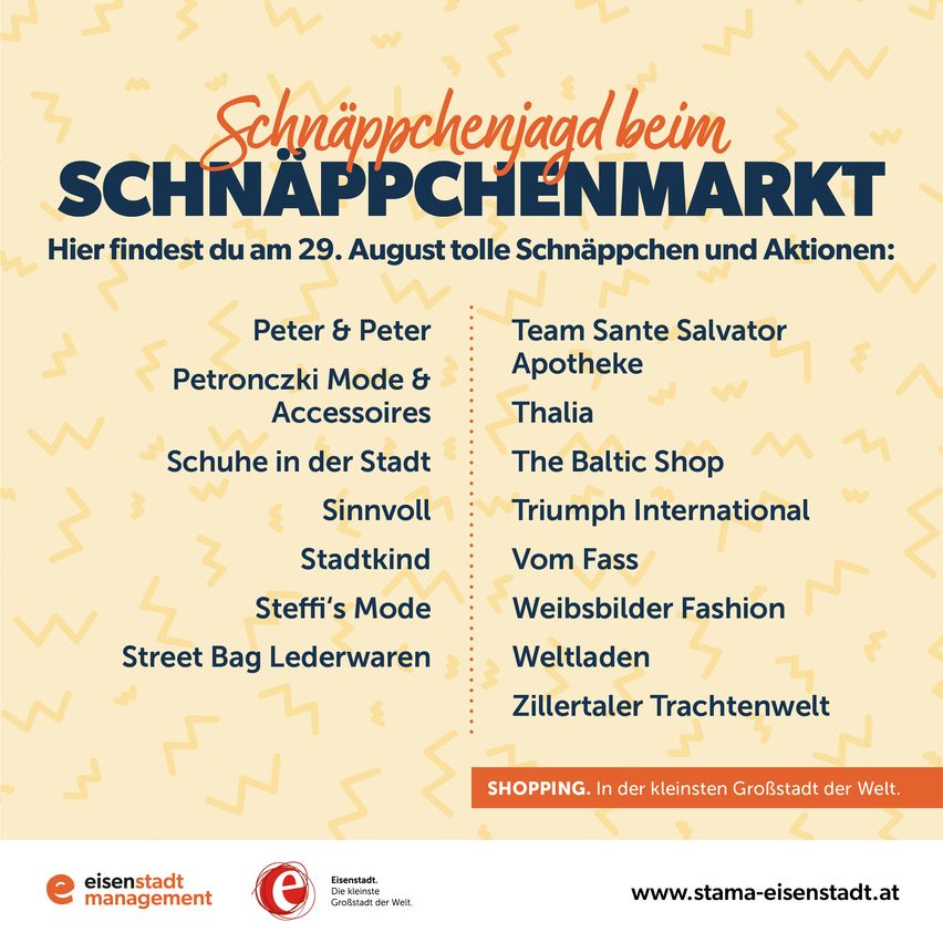 Plakat für Schnapps Market am 29. August, mit verschiedenen Geschäften und Marken.