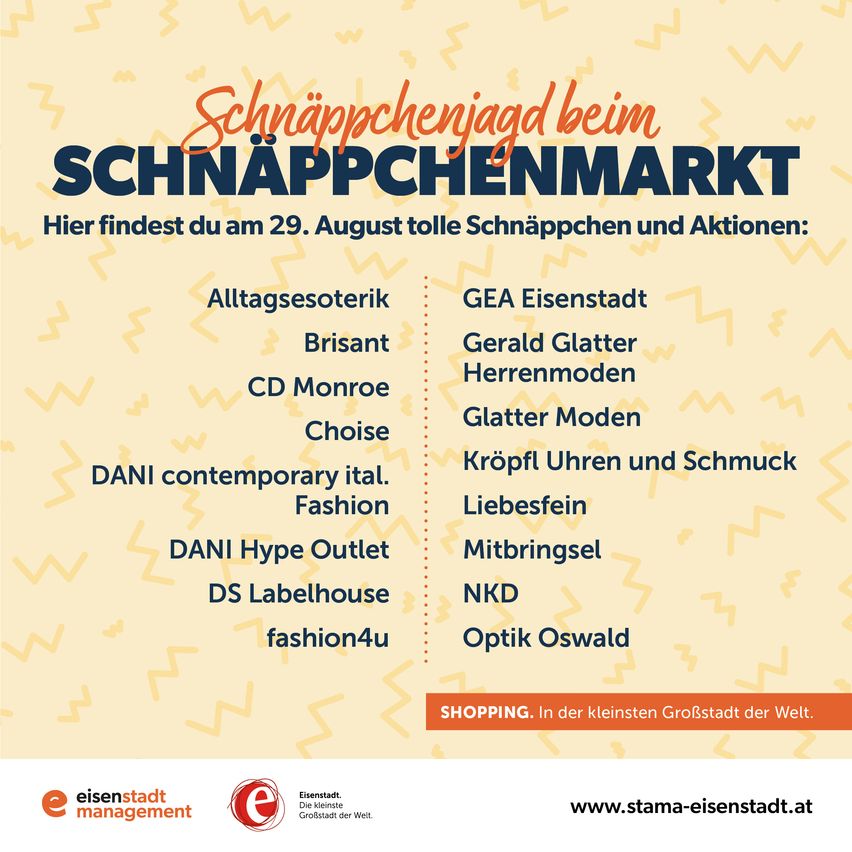 Plakat für Schnapps Market mit einer Liste von Geschäften und Marken, darunter GEA Eisenstadt, Gerald Glatter Herrenmoden und mehr, mit dem Datum 29. August.