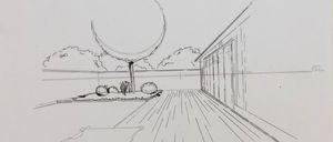 Skizz eines Hinterhofs mit einer Holzterrasse, einem Baum und einigen Pflanzen. Ein Gebäude mit Glasfenstern ist im Hintergrund zu sehen.