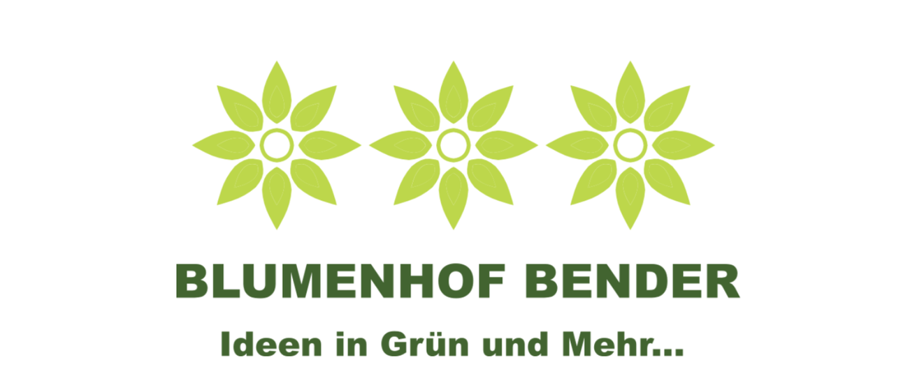 Das Logo für Blumenhof Bender mit drei grünen Blättern und dem Slogan 'Ideen in Grün und Mehr...'.