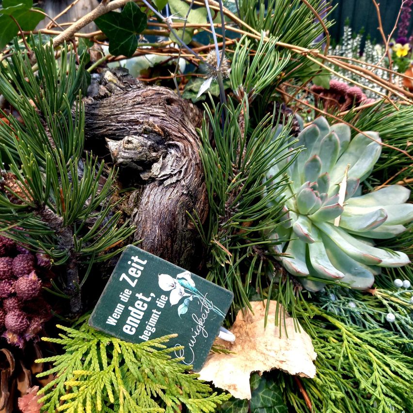 Eine dekorative Anordnung besteht aus einer Mischung aus immergrünen Pflanzen, Sukkulenten und getrockneten Zweigen mit einem kleinen Schild, das 'Wenn die Zeit endet, beginnt die Ewigkeit' lautet.