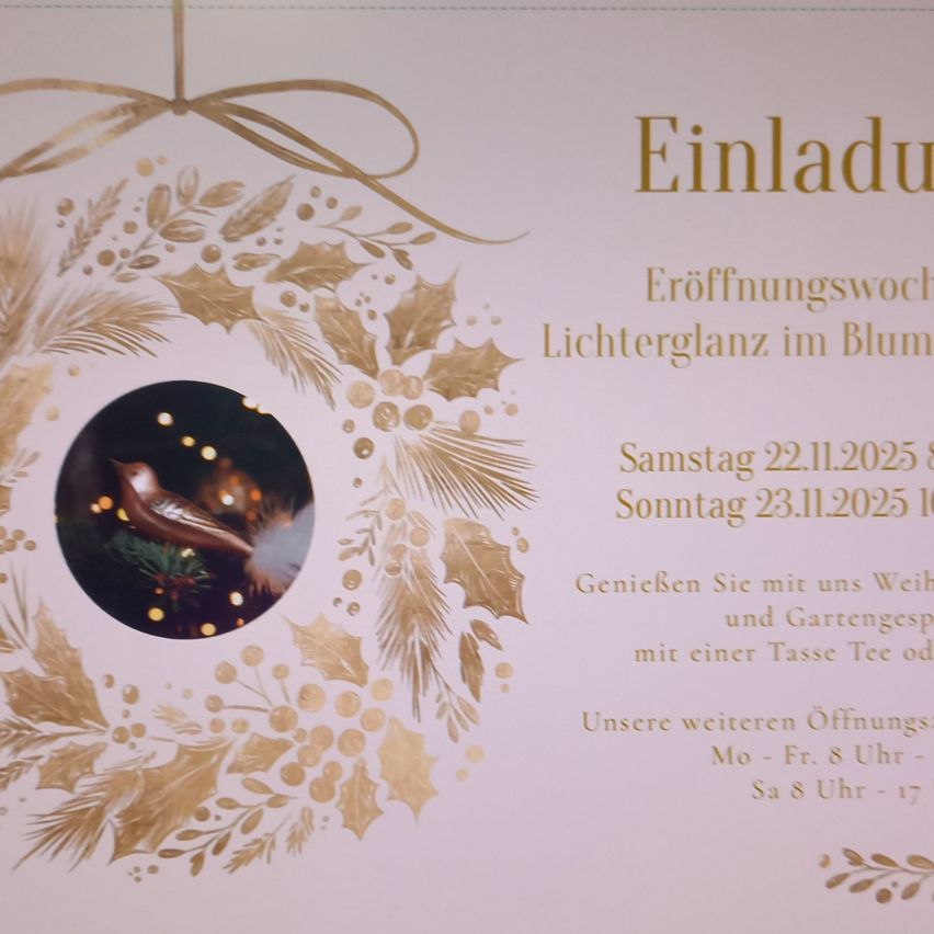 Festive invitation card with golden decorative elements. It features an image of a bird and lights. The dates mentioned are Saturday, November 22, 2025, and Sunday, November 23, 2025. There is an invitation to enjoy tea and gardens.