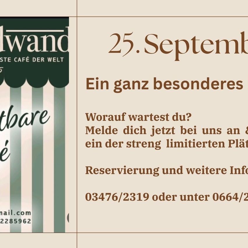 Ein Werbeplakat für ein Café mit einem besonderen Ereignis am 25. September. Es zeigt ein gestreiftes Vordach, ein Logo und Kontaktinformationen.