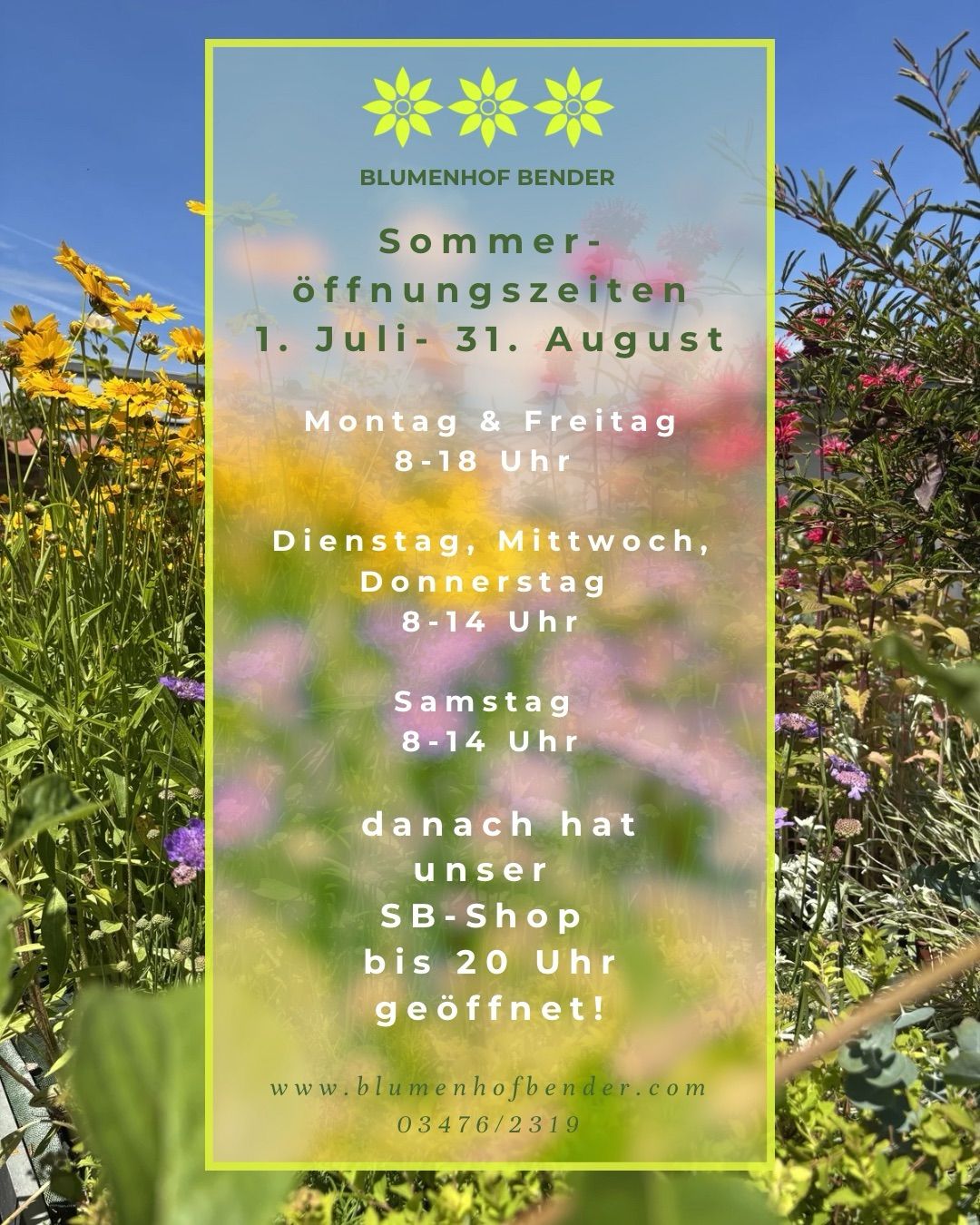 Blumenhof Bender Öffnungszeiten: 1. Juli bis 31. August. Montag & Freitag 8-18, Dienstag, Mittwoch, Donnerstag 8-14, Samstag 8-14. SB-Shop bis 20 Uhr offen. Besuchen Sie www.blumenhofbender.com.
