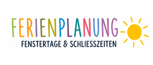 Logo für Urlaubsplanung mit den Worten Ferienplanung Fenstertage & Schliesszeiten, mit einem Sonnensymbol.