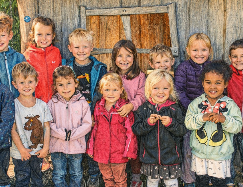 Eine Gruppe junger Kinder, in Winterkleidung gekleidet, steht vor einem kleinen Holzhaus. Sie lächeln und scheinen für ein Foto zu posieren.