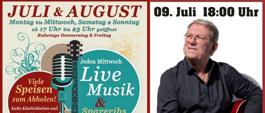 Ein Plakat für Thermen Heuriger Kropf zeigt einen Mann, der Gitarre spielt, und bewirbt Live-Musik und Essen von Montag bis Samstag. Das Plakat hat ein rotes und weißes Farbschema.