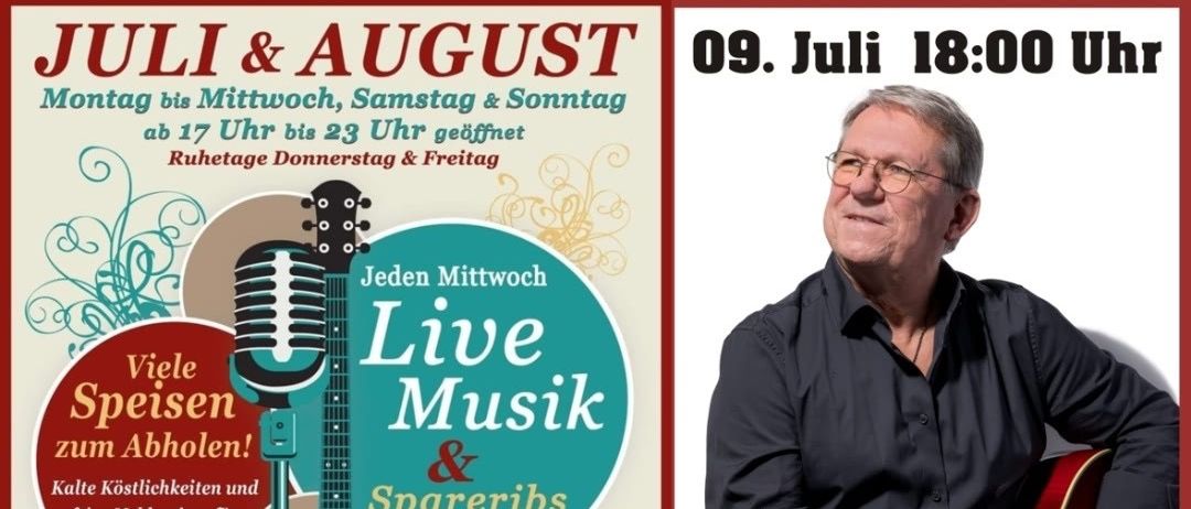 Ein Plakat für Thermen Heuriger Kropf zeigt einen Mann, der Gitarre spielt, und bewirbt Live-Musik und Essen von Montag bis Samstag. Das Plakat hat ein rotes und weißes Farbschema.