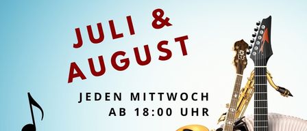 Poster features musical instruments, music notes, and the text 'Musikabende & Spareribs Juli & August Jeden Mittwoch ab 18:00 Uhr.'