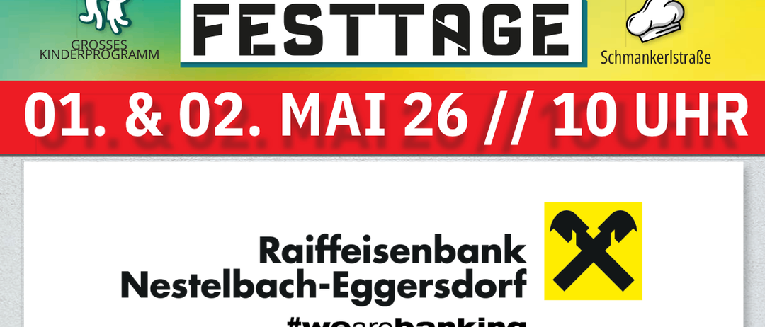 Werbeplakat für eine Gemeinschaftsveranstaltung in Nenzing mit einem großen Bagger, einem Haus und einem Kochhut. Die Veranstaltung heißt Wir Bewegen Festage und findet am 1. und 2. Mai um 10 Uhr statt.