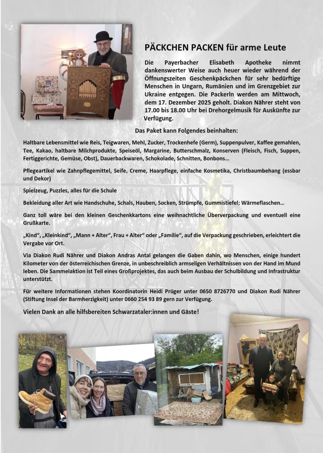 Ein Flyer für eine Spendenaktion, die verschiedene Gegenstände für die Ukraine sammelt. Die Gegenstände umfassen Lebensmittel, Kleidung, Spielzeug und andere Notwendigkeiten. Der Flyer gibt Details zu den spendbaren Artikeln und wann Freiwillige die Gegenstände abgeben können.