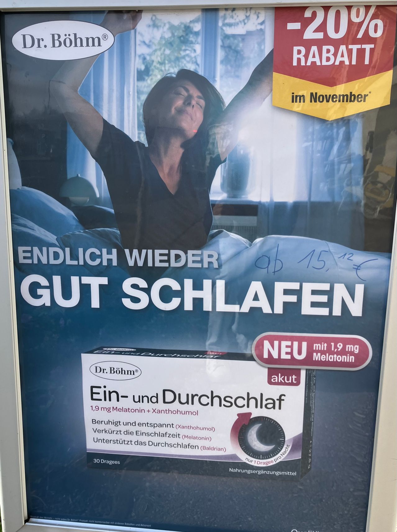 Poster advertising a sleep aid product featuring a woman asleep on a bed. It reads 'Finally sleeping well again' with a price of 15.12. It's new with 1.9 mg melatonin.
