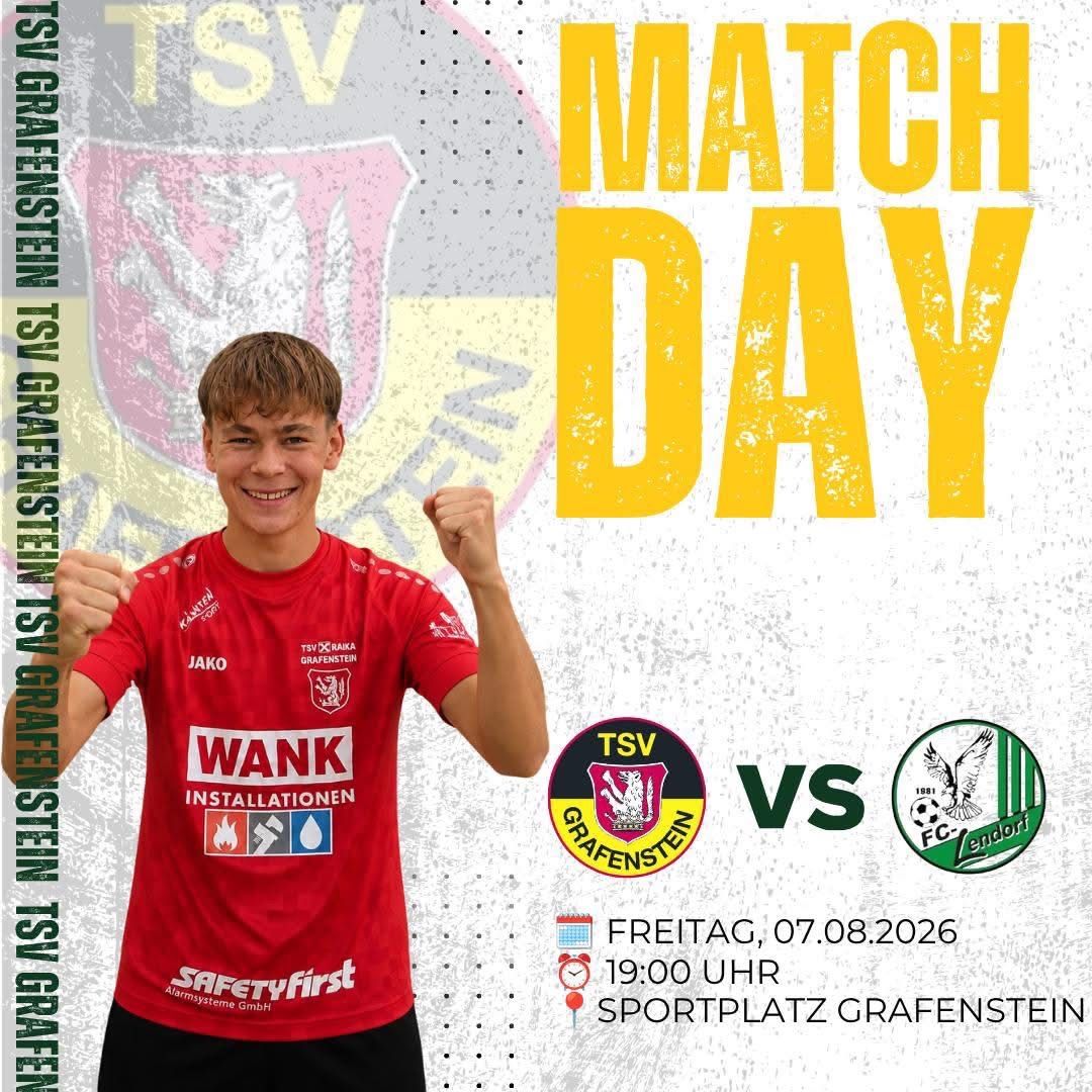 Ein junger Junge in einem roten Fußballtrikot mit dem Wort 'Wank' und einem Logo feiert mit einem Faustpump. Das Poster ist für einen Fußball-Matchday zwischen TSV Grafenstein und FC Lendort. Das Spiel ist am Freitag, 7. August 2026, um 19:00 Uhr auf dem Grafenstein-Sportplatz.