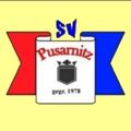 Logo der Gruppe 'SV Pusaritz', gegründet 1978. Es zeigt einen Schild mit Krone, umgeben von roten und blauen Dreiecken auf gelbem Hintergrund.