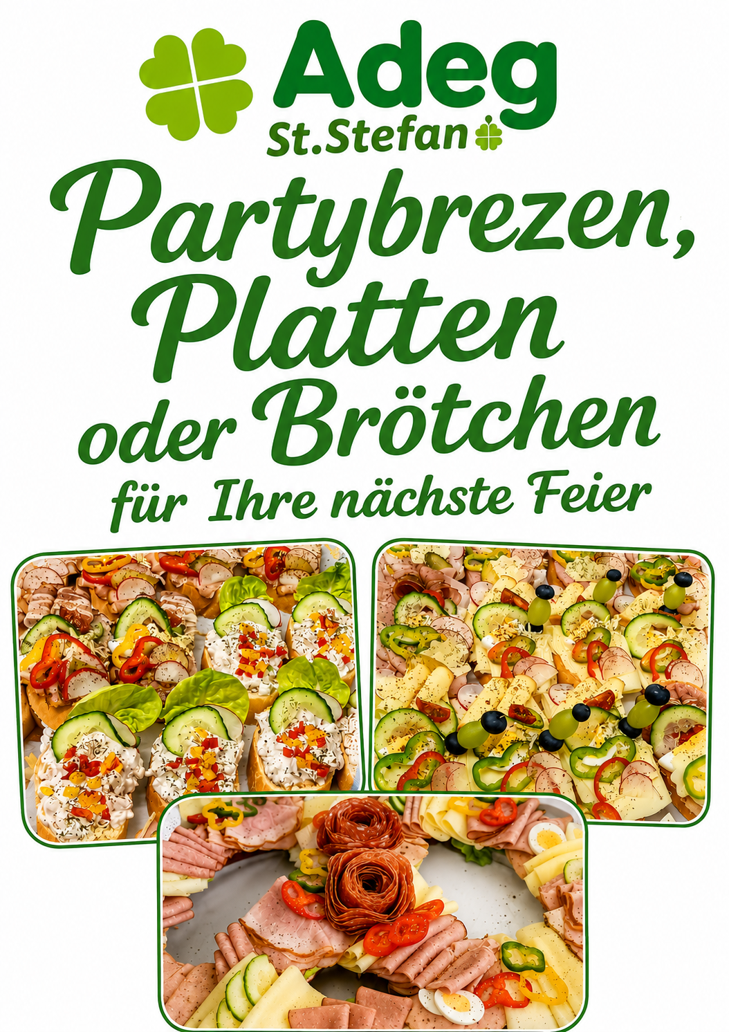 Eine Werbung für Partybrote, Platten oder Brötchen für Ihre nächste Feier. Drei Bilder von Essen, einschließlich Sandwiches, Salaten und Brötchen.