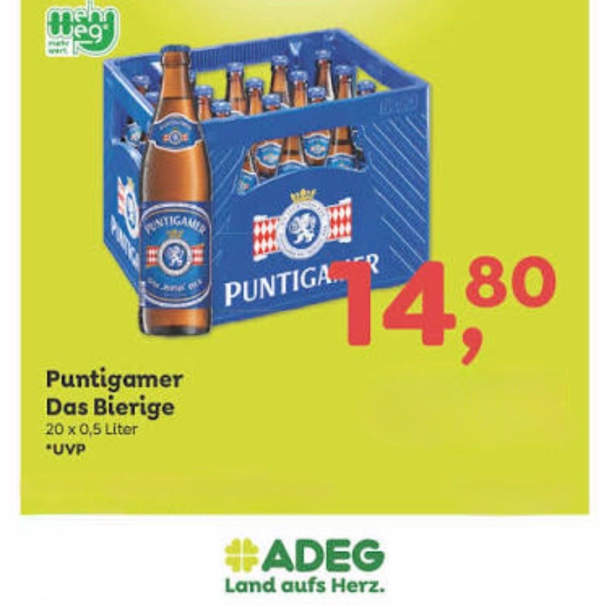Eine Werbung für Puntigam-Bier, die einen blauen Kasten mit 20 Flaschen Bier zeigt, zum Preis von 14,80. Das Bier ist jeweils 0,5 Liter. Der Hintergrund ist grün.