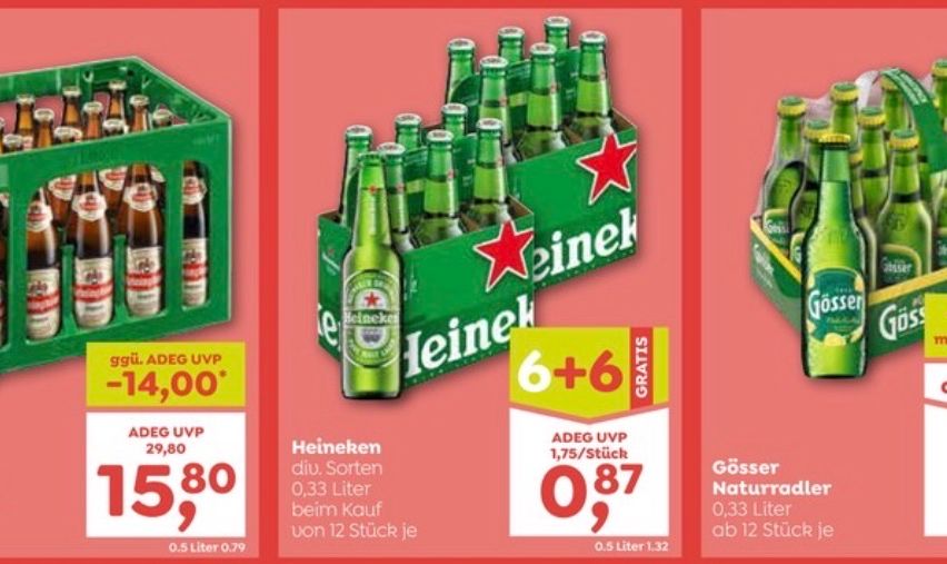 Drei Werbebilder für Heineken und Goesser Bier. Das erste Bild zeigt eine grüne Box mit Heineken-Flaschen mit einem roten Stern und einem Preisschild. Das zweite Bild zeigt ein gelbes und weißes Preisschild mit der Nummer 6+6 und dem Wort 'GRATIS'. Das dritte Bild zeigt eine grüne Flasche Goesser-Bier mit einem Preisschild.