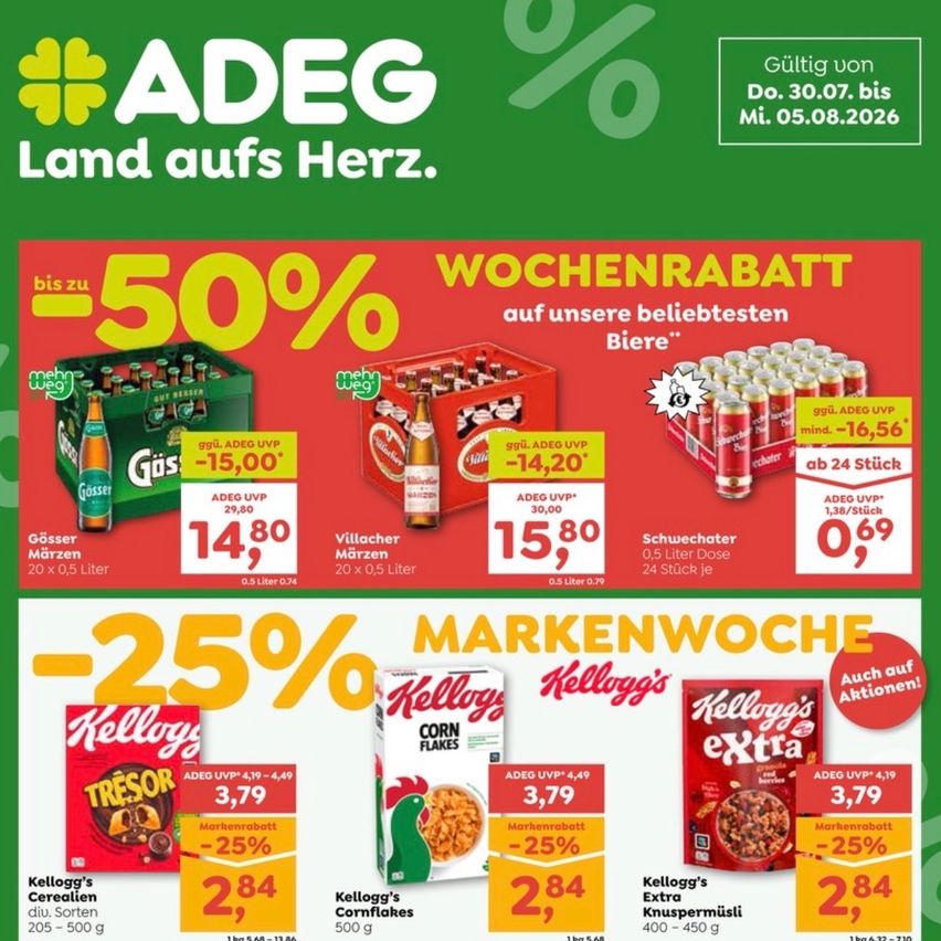 Ein Werbeplakat für ADEG mit Rabatten auf Bier und Müsli. Es hat einen grünen Hintergrund mit einem 50% Rabatt auf Bier und einem 25% Rabatt auf Müsli. Das Plakat zeigt Bilder von Bierflaschen und Müslischachteln mit Preissenkungen. Gültig von 30.07. bis 05.08.2026.