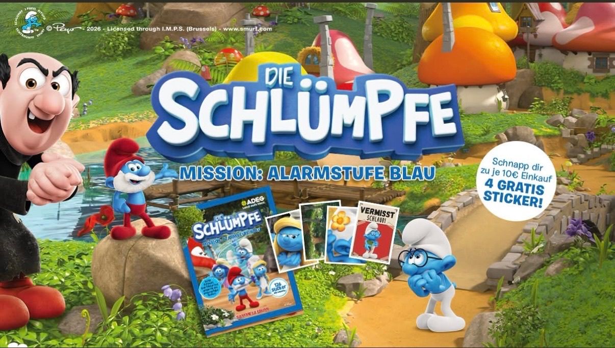 Eine Werbung für die Schlümpfe mit einer Mission, bei der ein blauer Schlumpf mit einer Brille und ein roter Schlumpf mit einem Hut zu sehen sind. Der Titel lautet 'Die Schlumpfe' und der Untertitel 'Mission: Alarmstoff Blau'.