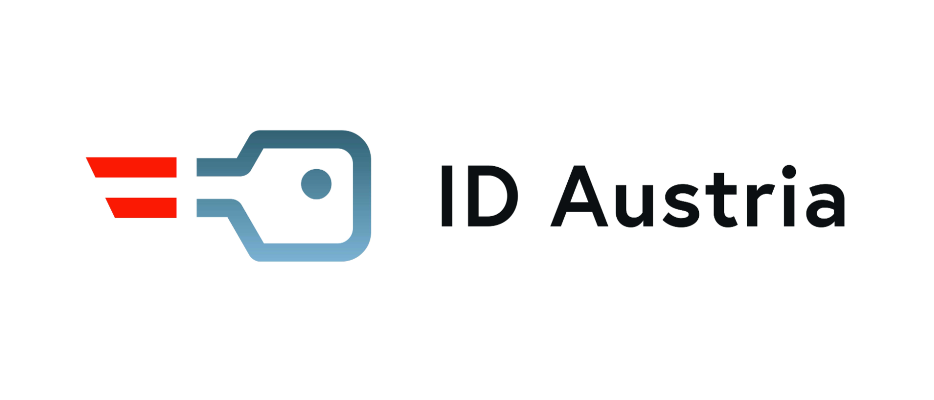 Das ID Austria Logo zeigt einen stilisierten Schlüssel mit einem roten und blauen Streifen und einem Punkt in der Mitte, neben dem Text 'ID Austria' in fetten schwarzen Buchstaben.