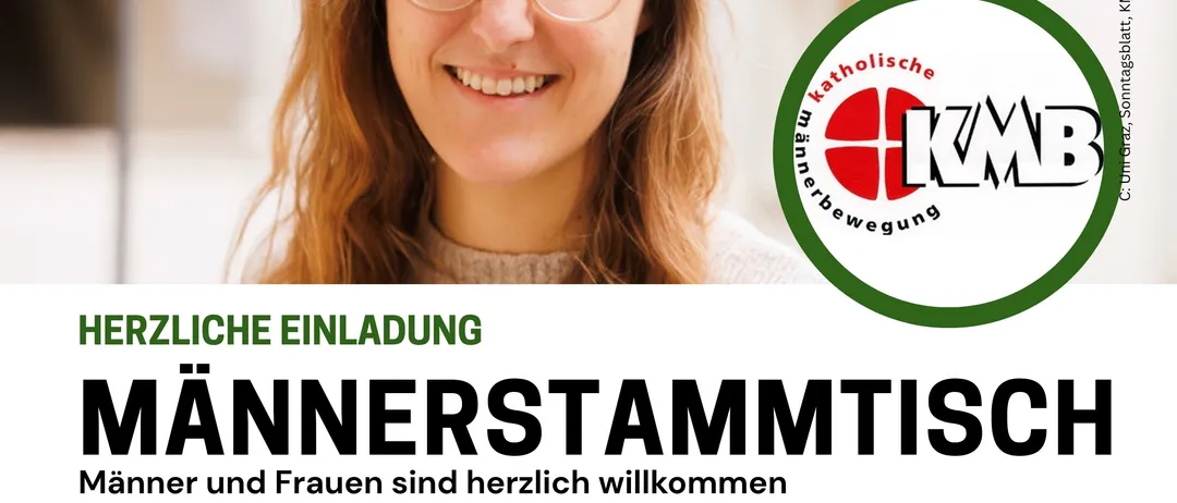Ein Einladungsposter für einen Vortrag und eine Diskussion über die digitale Kirche mit einer lächelnden Frau mit Brille und einem Logo der Katholischen Männerbewegung. Das Event ist für den 20. September 2026 geplant.