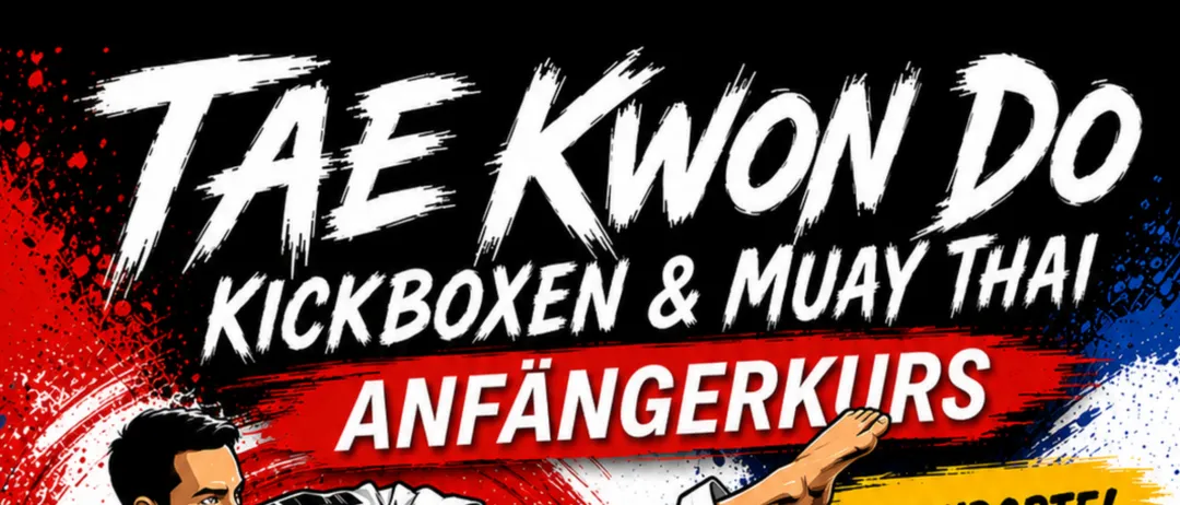 Ein Plakat bewirbt Anfängerkurse für Kickboxen und Muay Thai an fünf Standorten. Die erste Einheit ist gratis. Zeiten und Termine sind aufgeführt.