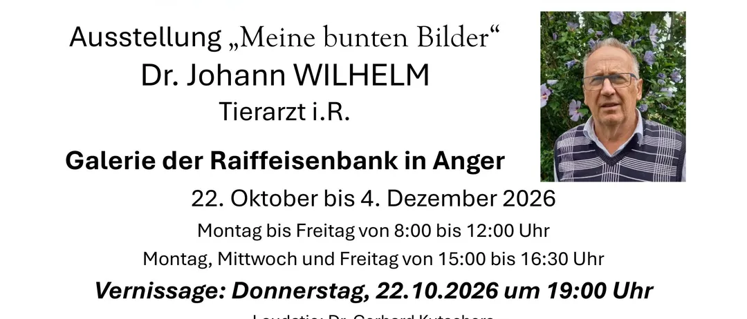 Eine Kunstausstellung mit dem Titel 'Meine bunten Bilder' von Dr. Johann Wilhelm, die ein Gemälde von weißen Gänsen zeigt.
