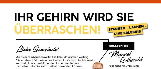Ein Plakat für eine Live-Veranstaltung mit dem Titel 'Ihr Gehirn wird Sie überraschen!' mit einem Mann, der steht und spricht.