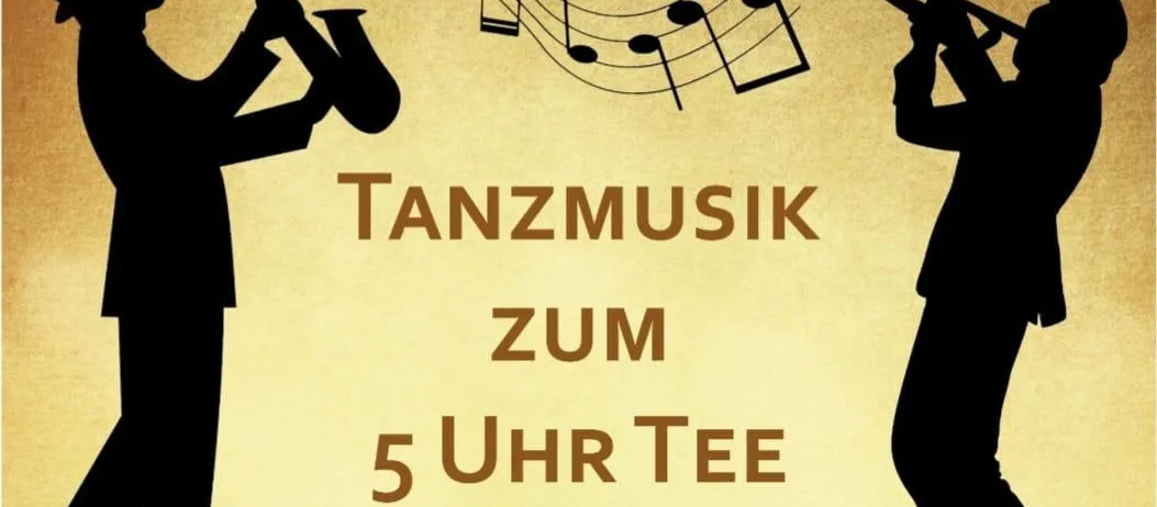 Ein Plakat für eine Live-Musik-Veranstaltung mit zwei silhouettierten Musikern, die Saxophon und Trompete spielen. Das Plakat enthält Datum, Uhrzeit und Ort der Veranstaltung.