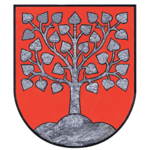 Ein roter Schild mit einem in Grau gezeichneten Baum mit herzförmigen Blättern. Der Baum wurzelt in einem kleinen grauen Hügel.
