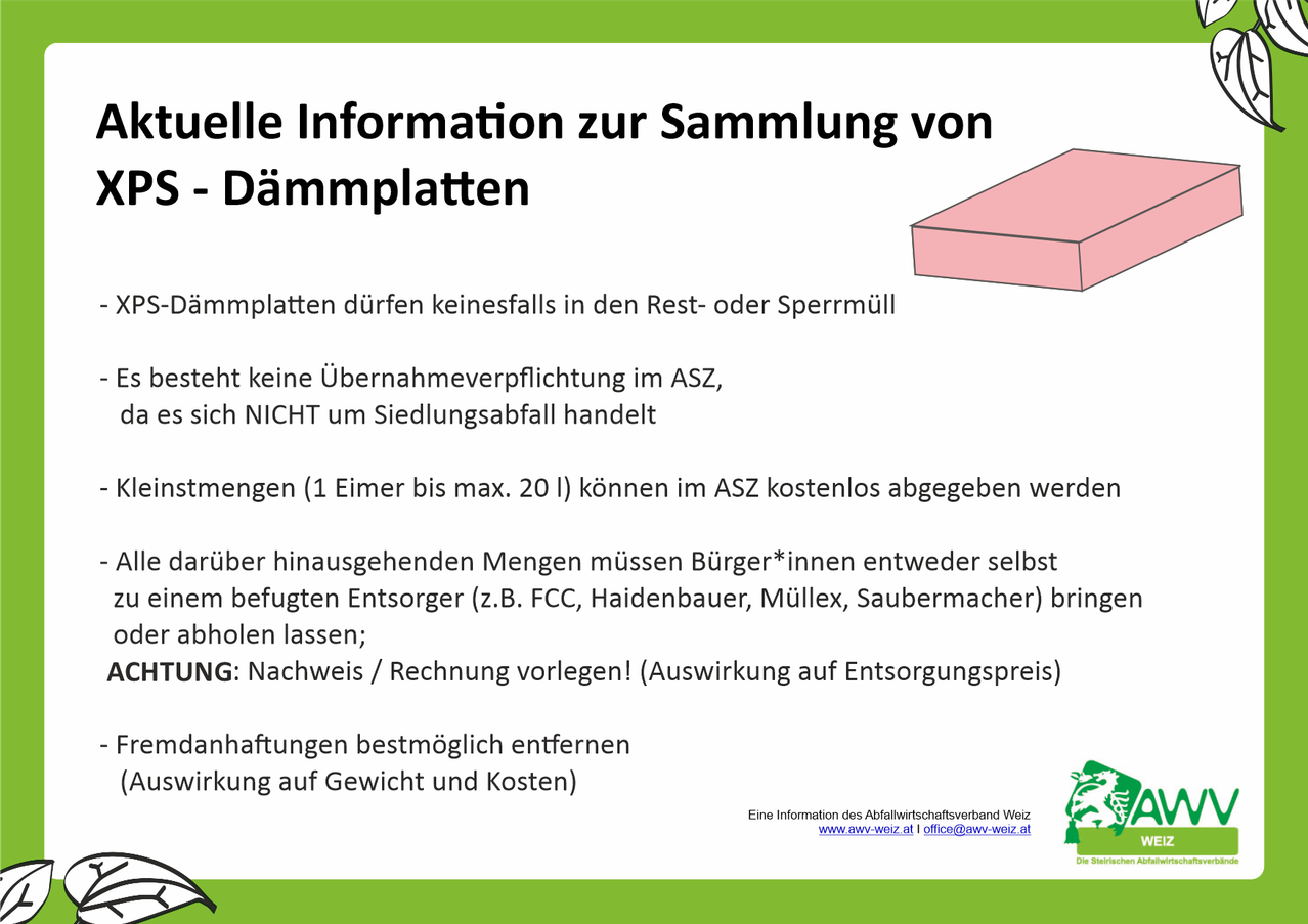 Ein Informationsposter zur Sammlung von Dämmplatten. Es wird darauf hingewiesen, dass Dämmplatten nicht in Rest- oder Sondermüll entsorgt werden dürfen. Es besteht keine Verpflichtung, sie zu einem Recyclingzentrum zu bringen, insbesondere wenn es sich nicht um Siedlungsabfälle handelt. Bürger können bis zu 20 Liter Dämmplatten kostenlos zum Recyclingzentrum bringen. Für größere Mengen muss ein Abfallentsorger beauftragt werden. Ein Nachweis oder eine Rechnung muss vorgelegt werden. Das Poster weist auch darauf hin, dass das Entfernen von Anhaftungen ratsam ist, um Gewicht und Kosten zu reduzieren.