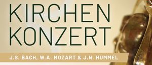 Konzertplakat mit goldenen dekorativen Elementen. Es steht Konzert in großen schwarzen Buchstaben mit den Komponisten J.S. Bach, W.A. Mozart und J.N. Hummel. Das Konzert findet am Samstag, 20. September 2025, um 19:00 Uhr statt. Hans Peter Schuh spielt die Trompete, begleitet vom Orchester von St. Augustin, Wien, und KMD Peter Tiefengraber an der Orgel und der Leitung.