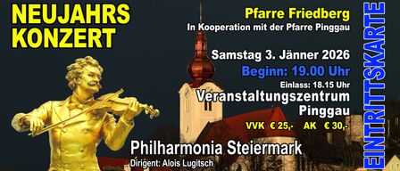 Plakat für eine Veranstaltung mit einem goldenen Geiger, mit einer Kirche, einem Uhrturm und dem Dirigenten Alois Lugitsch. Die Veranstaltung findet in Zusammenarbeit mit Pfarre F statt und beginnt am Samstag, 3. Januar.