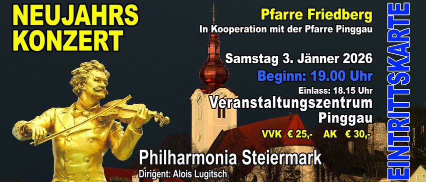 Plakat für eine Veranstaltung mit einem goldenen Geiger, mit einer Kirche, einem Uhrturm und dem Dirigenten Alois Lugitsch. Die Veranstaltung findet in Zusammenarbeit mit Pfarre F statt und beginnt am Samstag, 3. Januar.