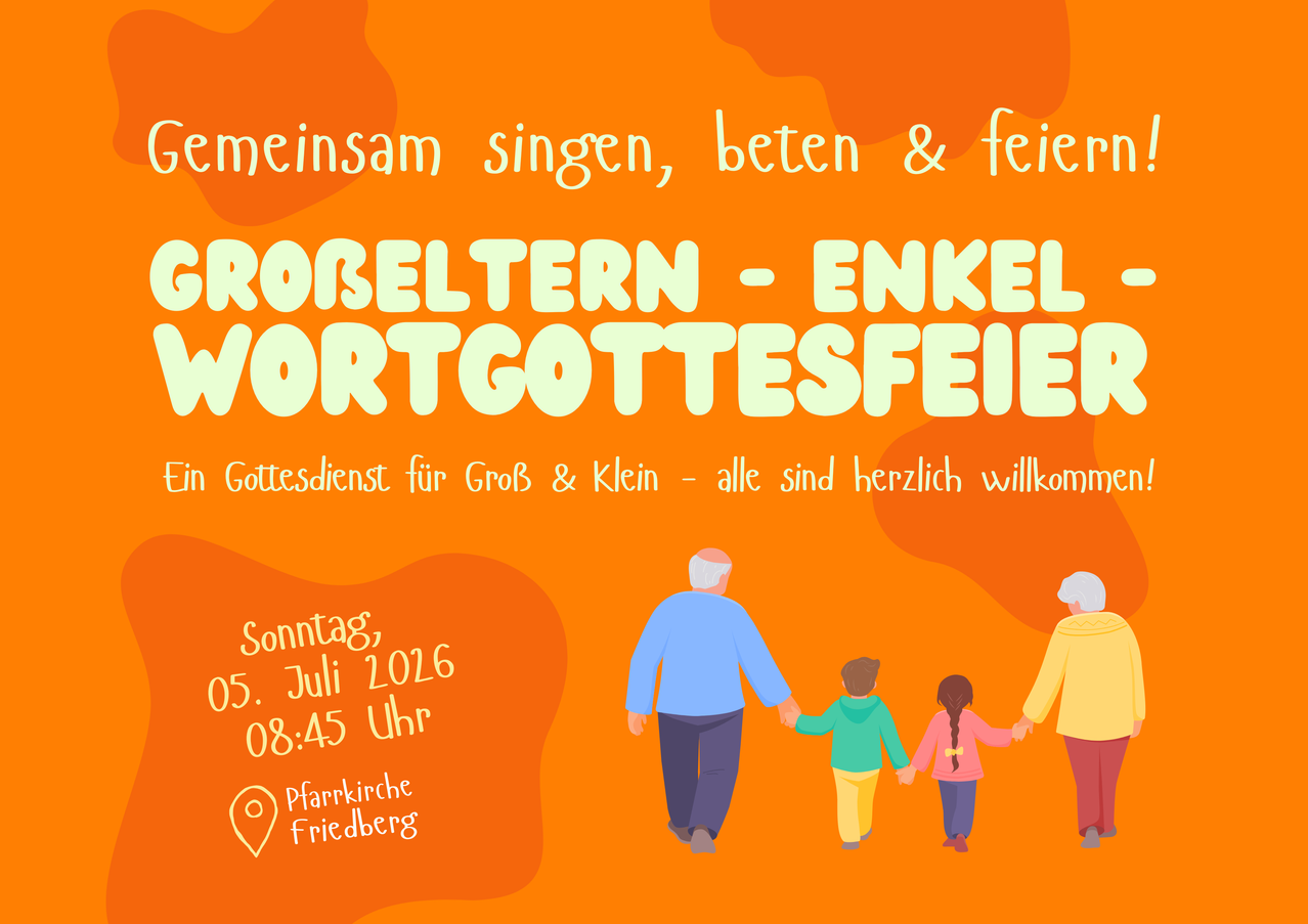 Plakat für ein Familientreffen in der Pfarrkirche Friedberg am 5. Juli 2016 um 8:45 Uhr. Es zeigt eine Familie, die Hand in Hand geht.