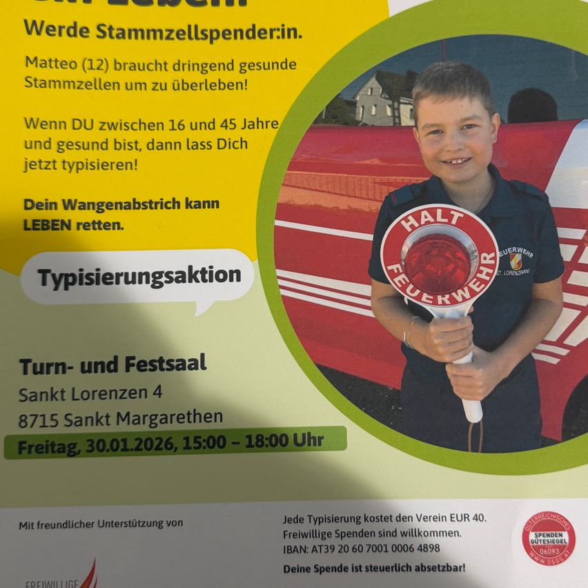 Ein Plakat mit einem lächelnden Jungen, der ein rotes Stoppschild hält, zeigt eine Veranstaltung in Sankt Lorenzen 4, Sankt Margarethen am 30.01.2026, 15:00-18:00. Es ermutigt gesunde Personen im Alter von 16-45 Jahren zum Tippen für einen guten Zweck.